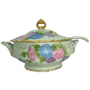 Vintage 70s Hand Painted Punch Bowl with Lid & Spoon Signed M Franzen 1978